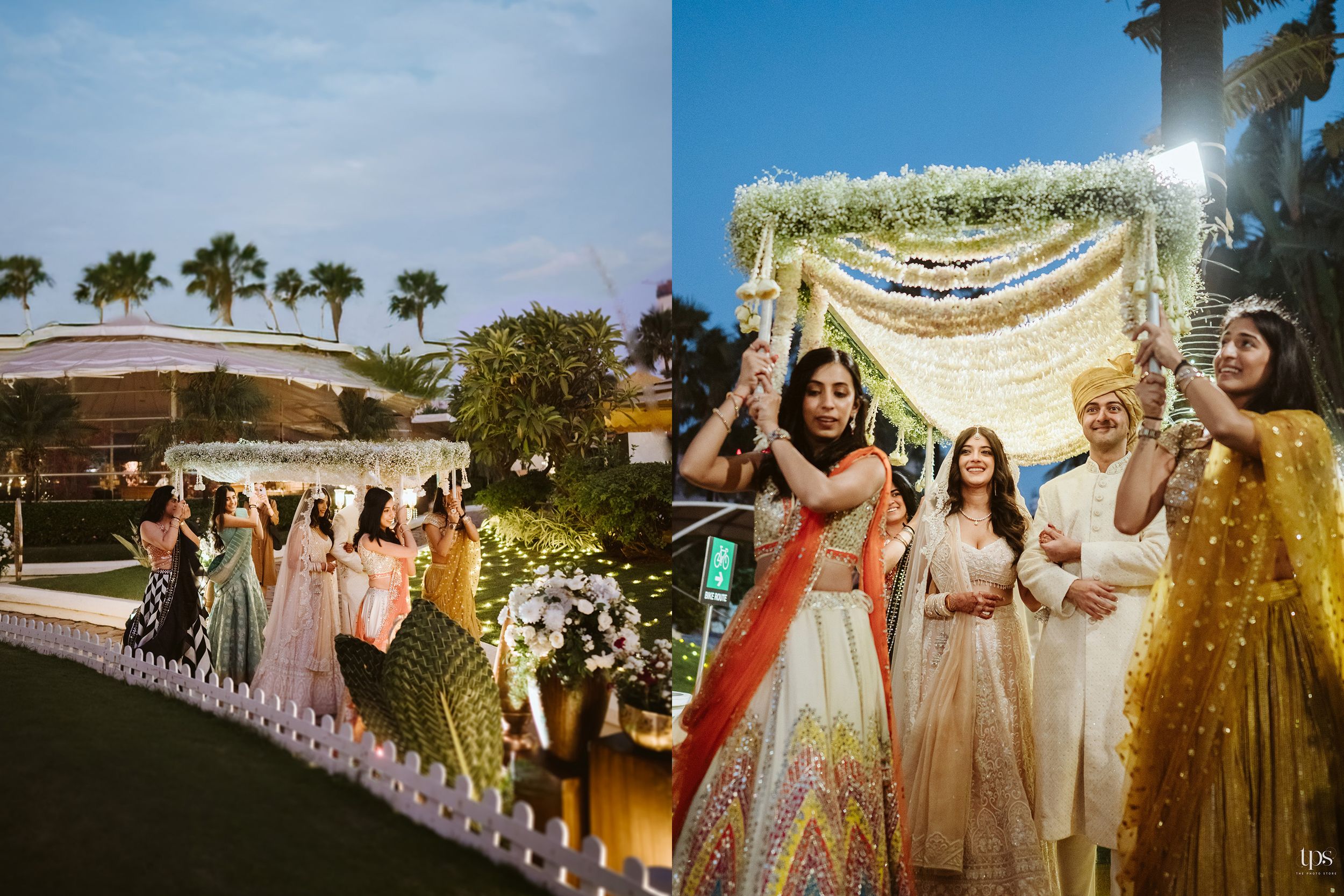 Outdoor wedding with string lights & palm trees creating romantic ambiance, captured by a professional wedding photographer in Mumbai.
