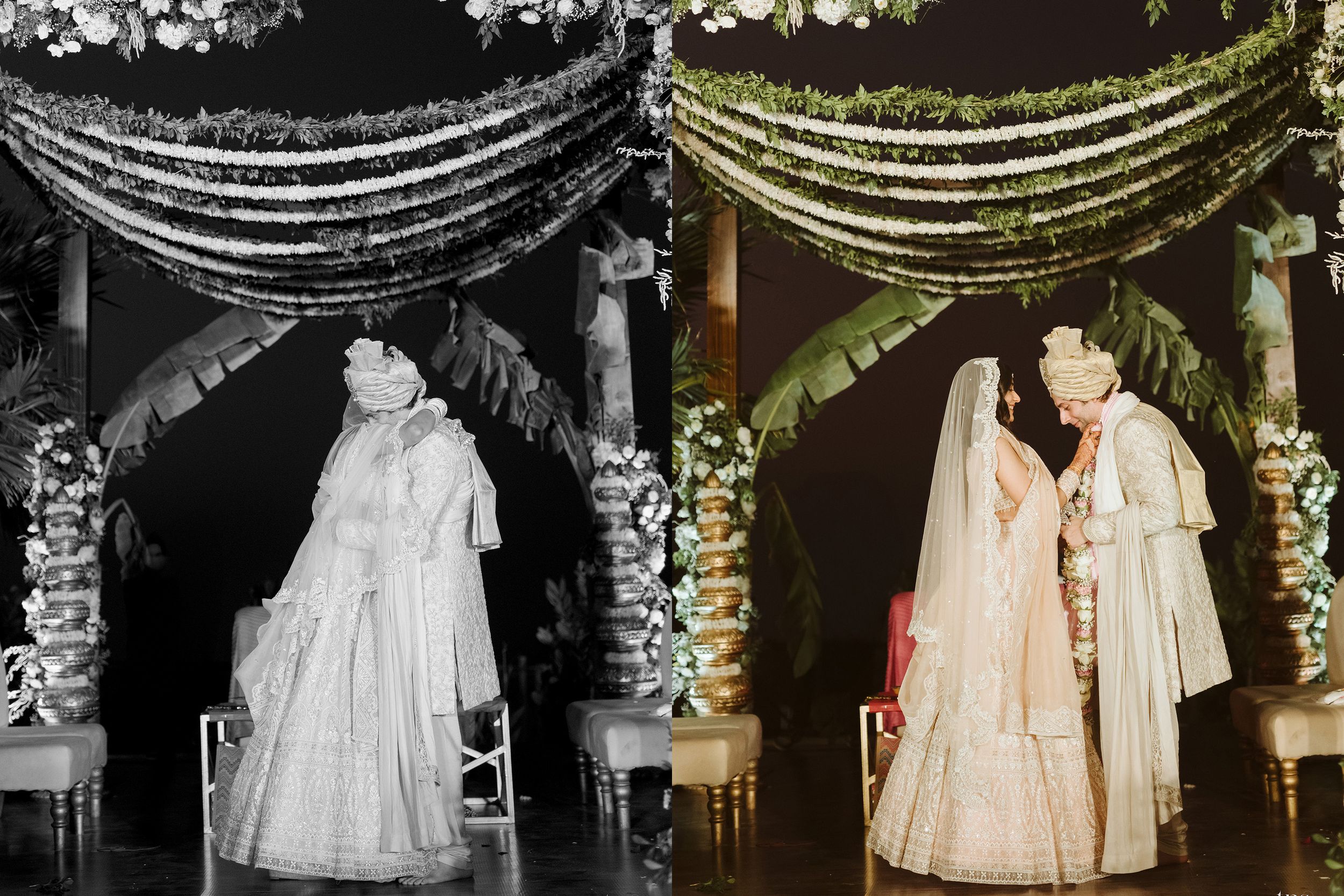 Color & black and white wedding ceremony under decorated archways, shot by a trusted wedding photographer in Mumbai.