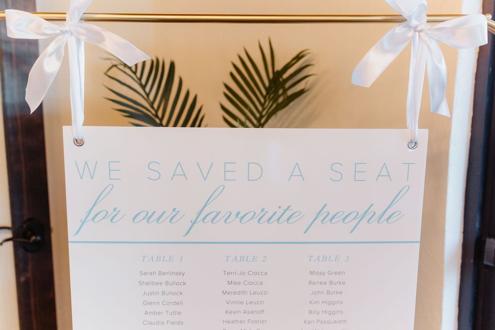 White seating chart boards with guest names displayed at a wedding reception with tropical palm leaf decor.