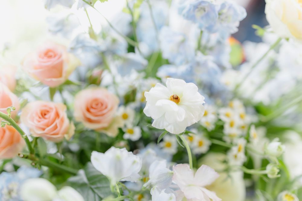Delicate floral arrangement with pink roses, white hydrangeas and green foliage against a soft background.
