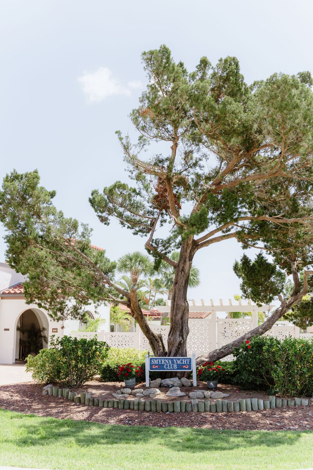 Stone retaining wall curves around mature pine trees in front of white building exterior.