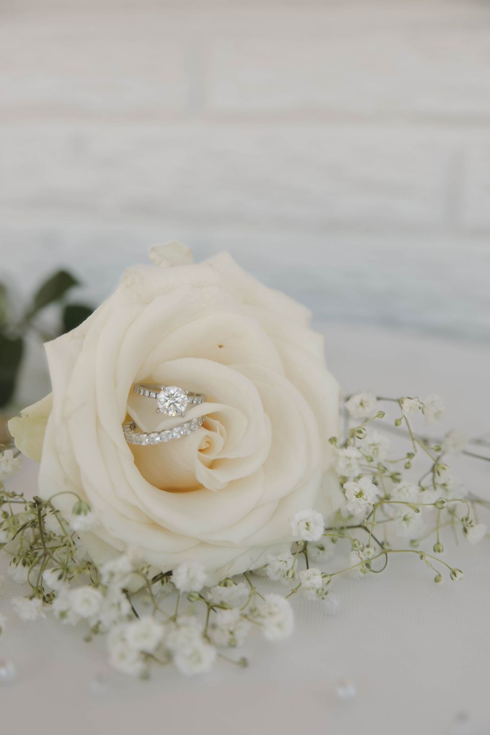 Delicate white rose with diamond engagement ring and baby's breath flowers on light background.