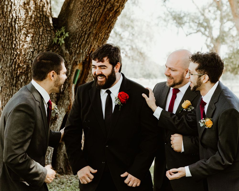 A series of five candid moments showing wedding party members laughing together outside.
