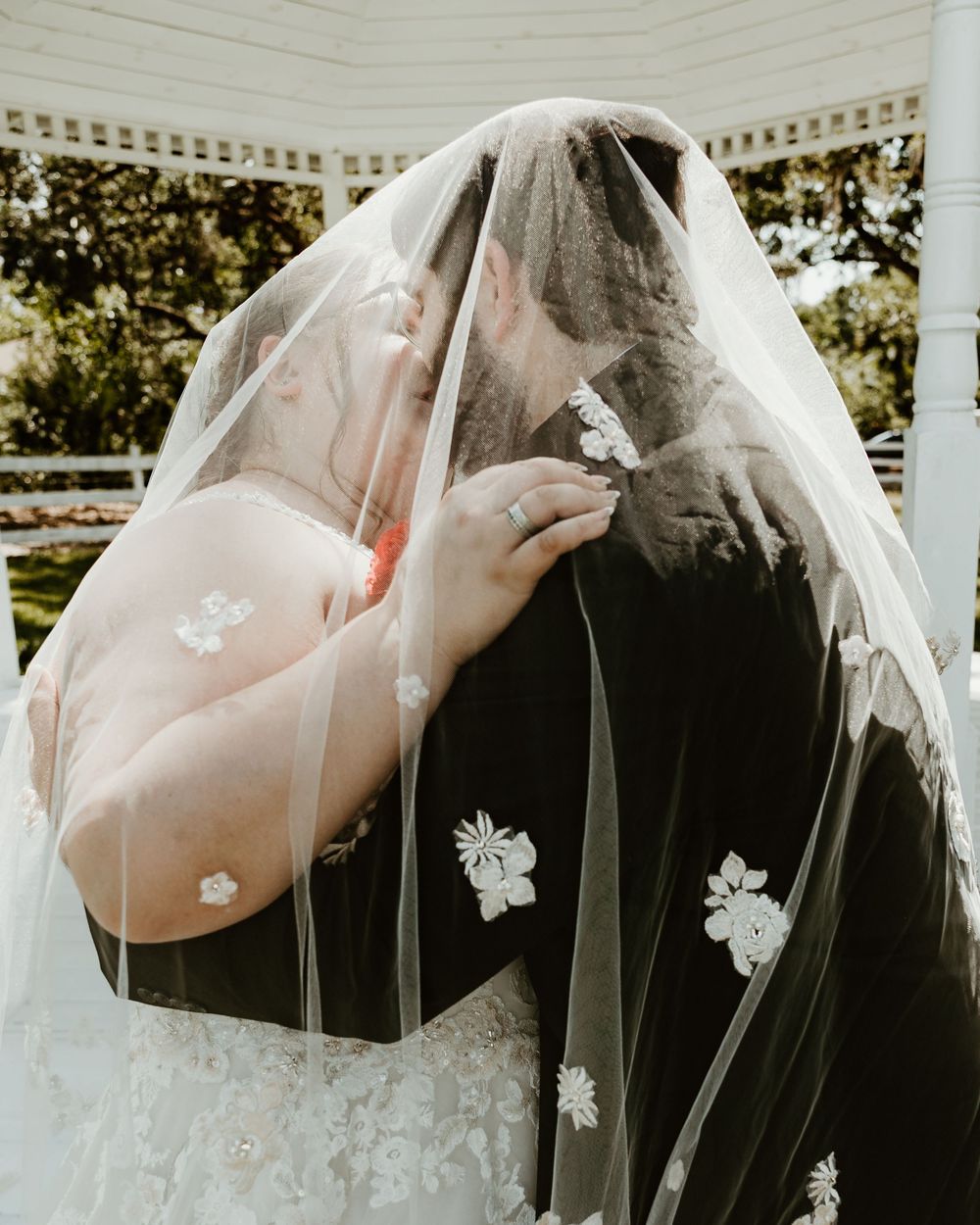A couple in wedding attire share an intimate kiss under a delicate lace veil in an outdoor setting.