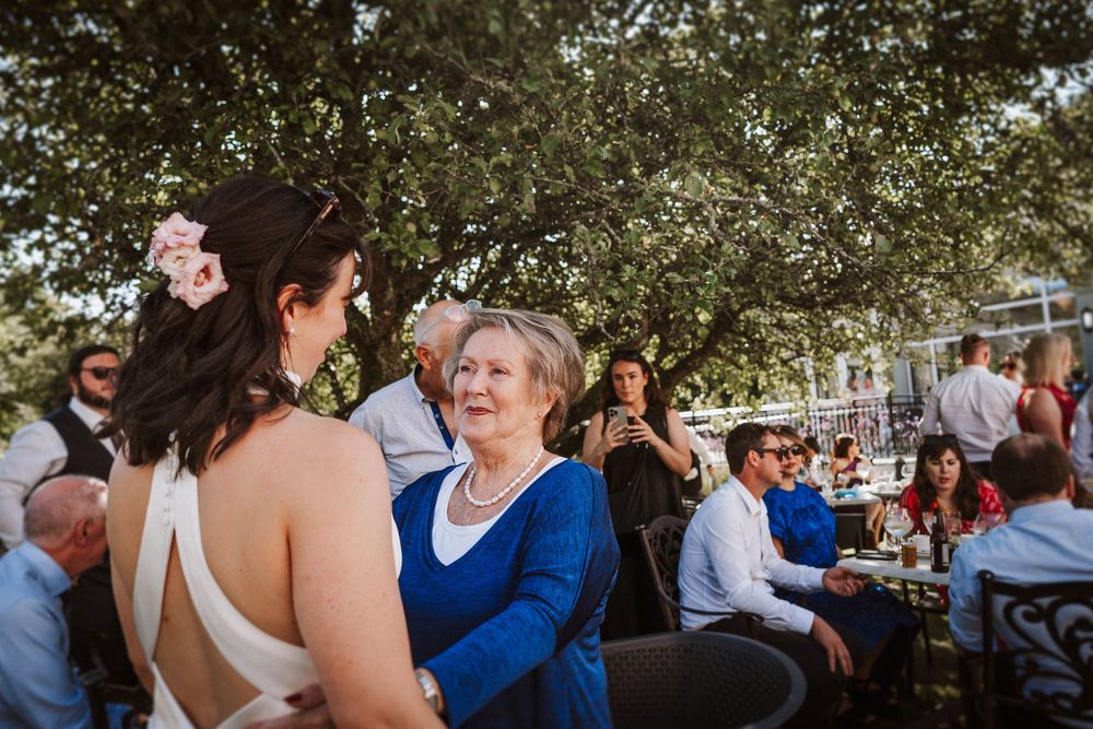A series of candid photos from an outdoor wedding reception showing people chatting and mingling under trees.
