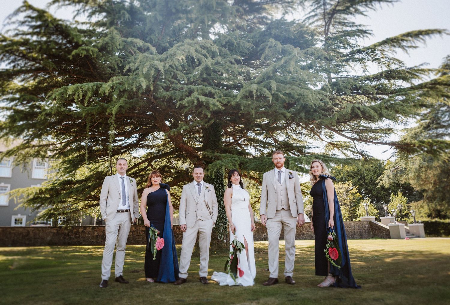 Wedding party poses beneath towering evergreen trees during an outdoor ceremony on a sunny day.