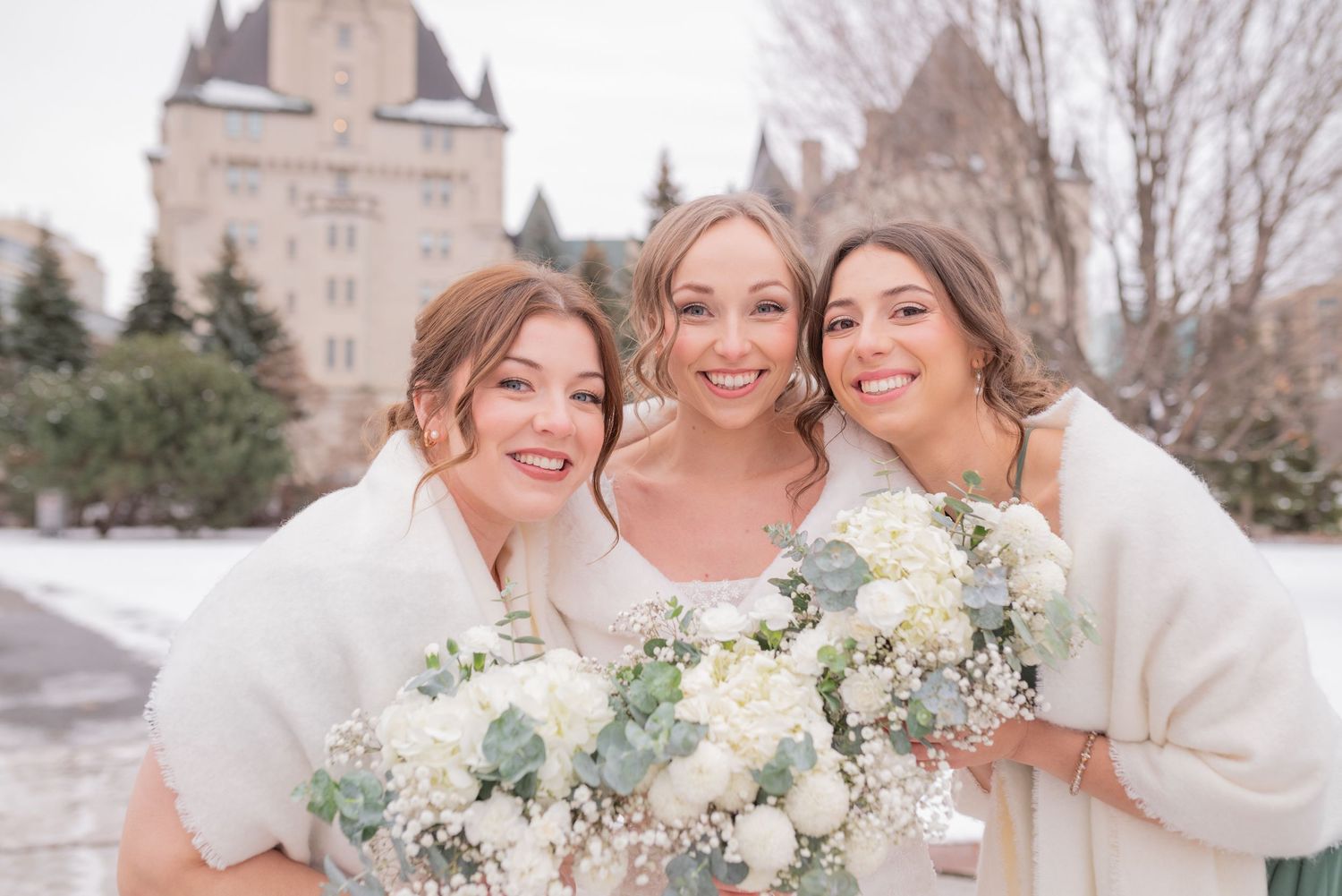 Wedding party in snowy Major’s Hill Park with Ottawa skyline in background