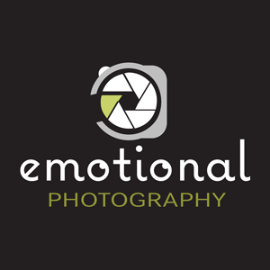 Logo design for Emotional Photography featuring a camera lens aperture icon in black and lime green with modern typography.
