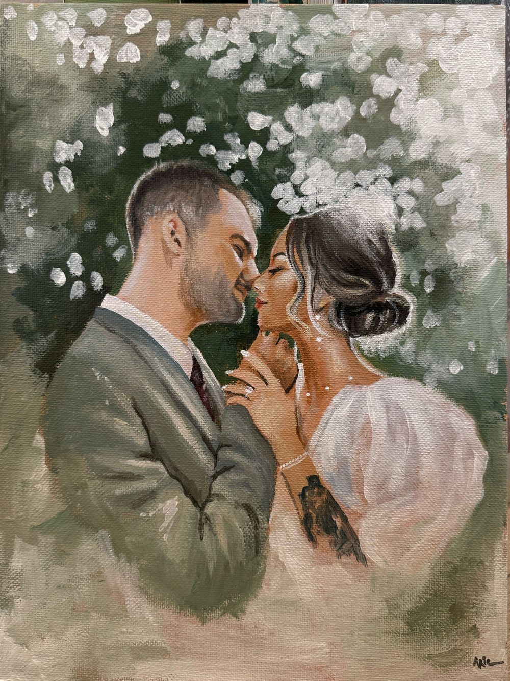 Romantic watercolor painting of a couple embracing under blossoming white flowers in soft muted tones.