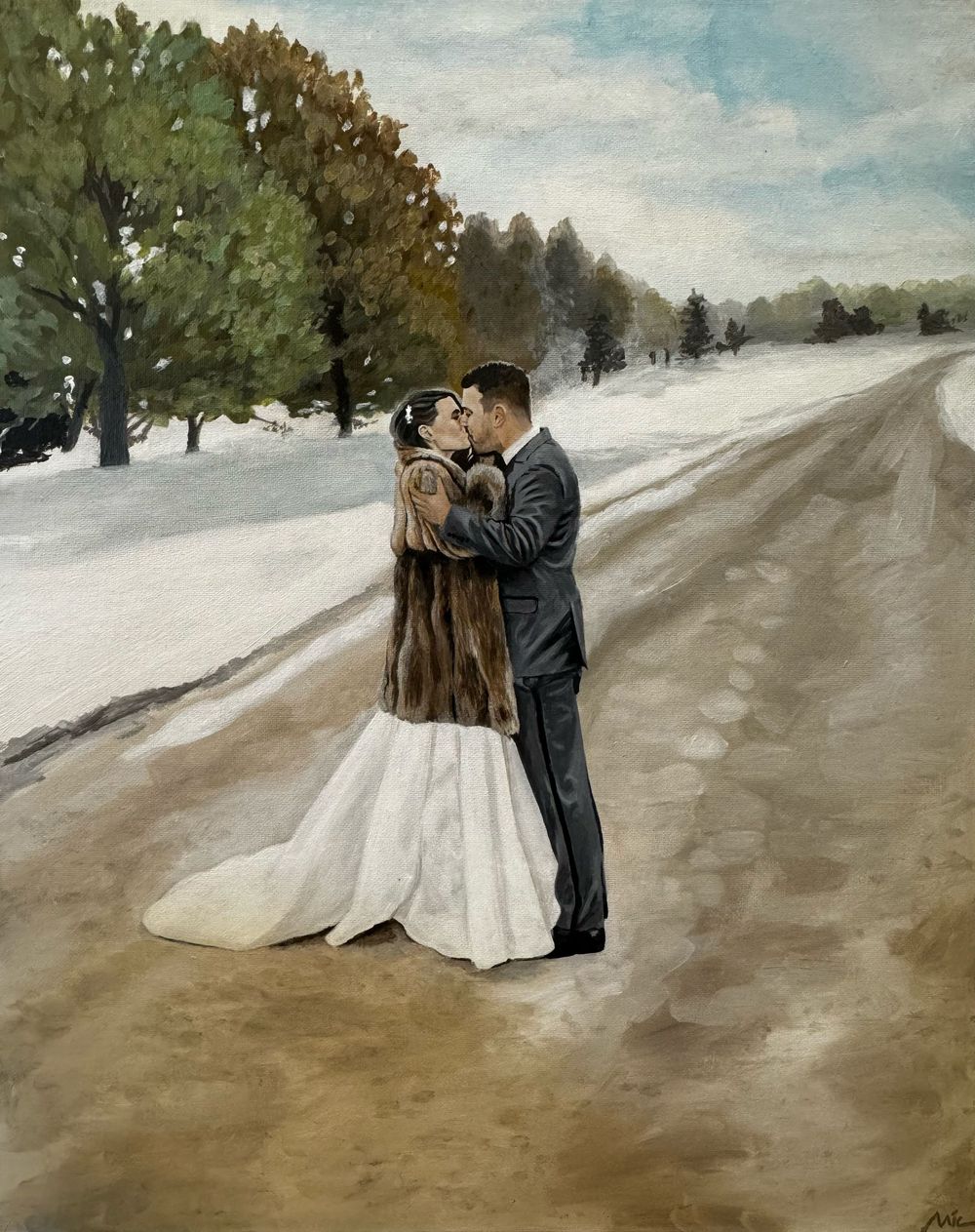 A romantic winter wedding photo sequence shows a couple embracing in the snow against a landscape of bare trees.