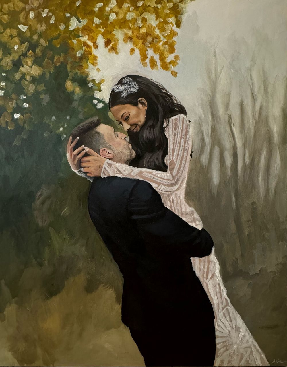 Romantic autumn illustration showing a couple embracing under golden falling leaves in a misty forest setting.