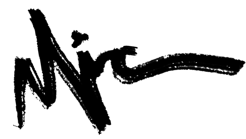 A bold black brushstroke creates an abstract symbol or letter mark against a white background.