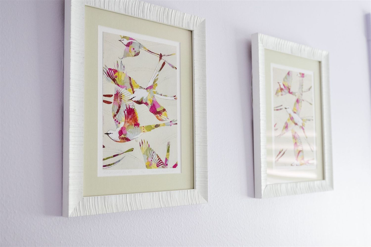A series of six framed watercolor bird artwork pieces hanging in a row on a light purple wall.