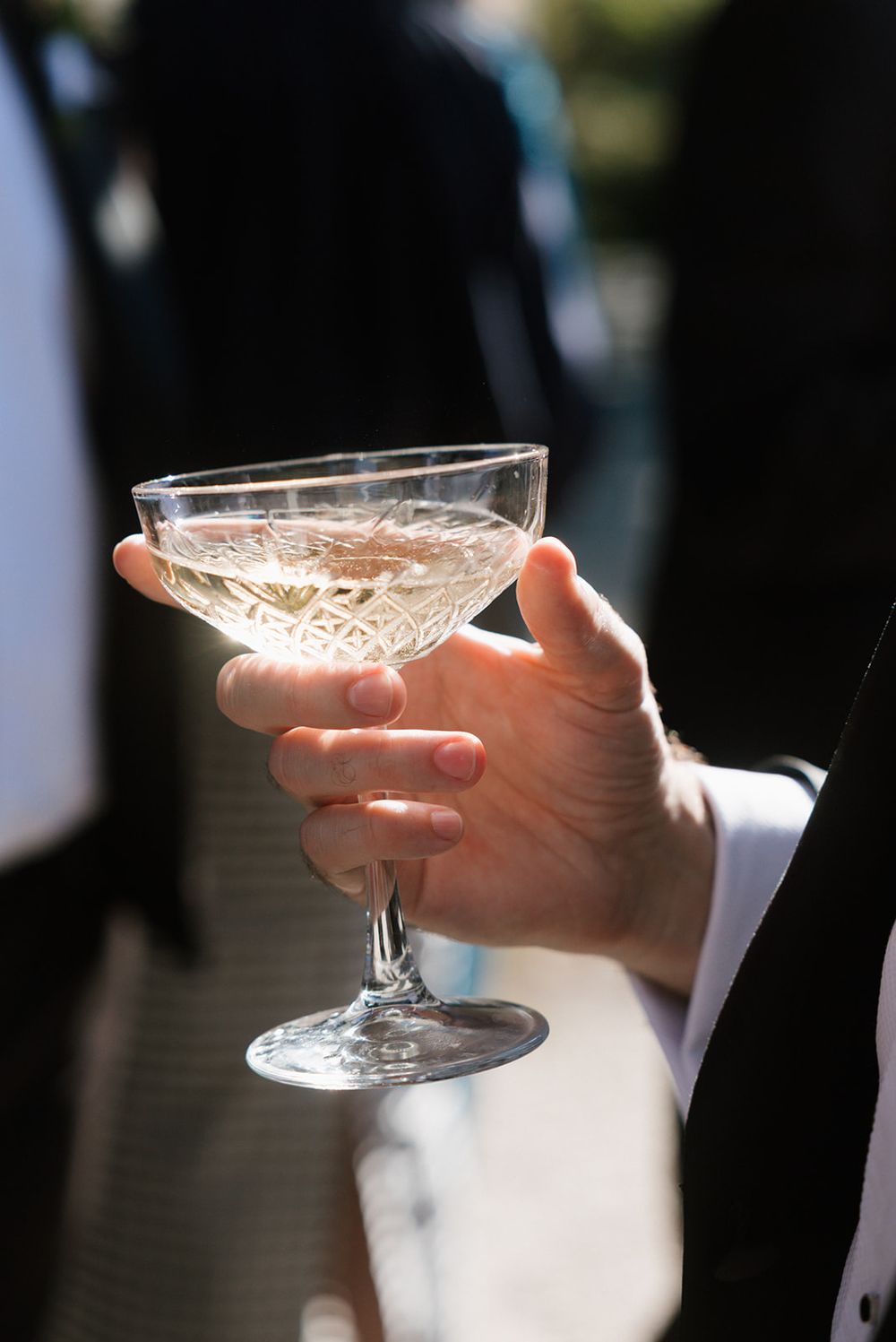 A hand in formal attire holds an elegant crystal champagne coupe glass in natural lighting.
