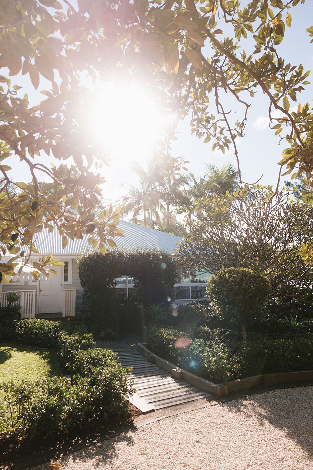 Bright sunlight streams through tree branches over a manicured garden path with white picketed landscaping.