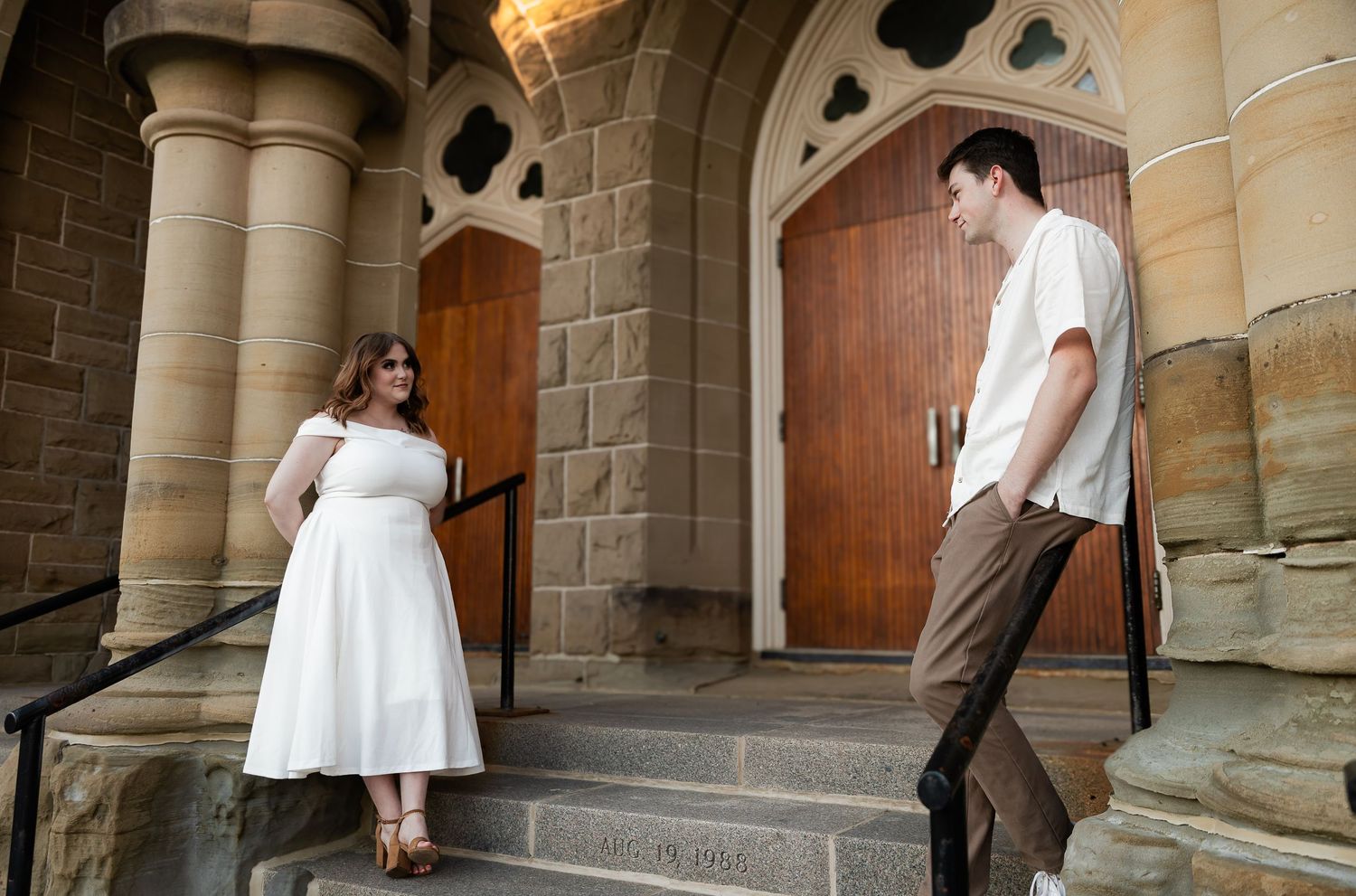 A series of romantic photos taken on stone church steps.