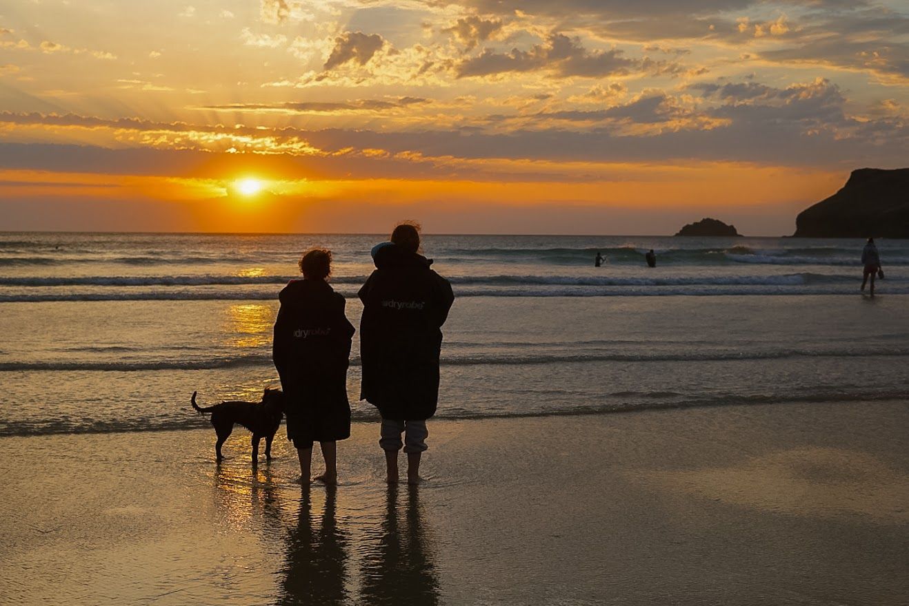 Silhouettes of two people and a dog watching sunset on a beach with golden clouds and ocean waves.