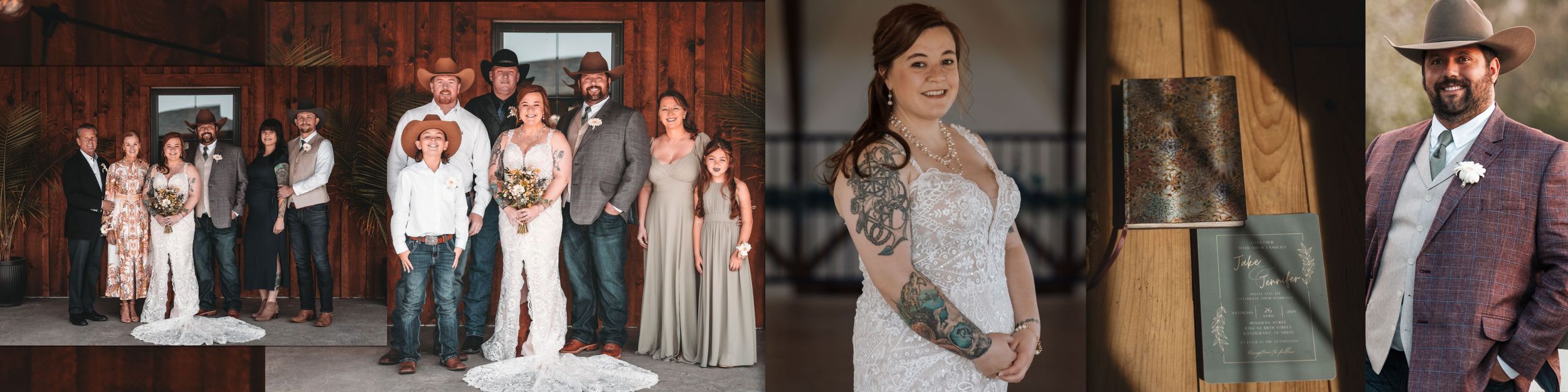 Four connected wedding scene photos showing rustic barn venue and joyful wedding party celebrating.