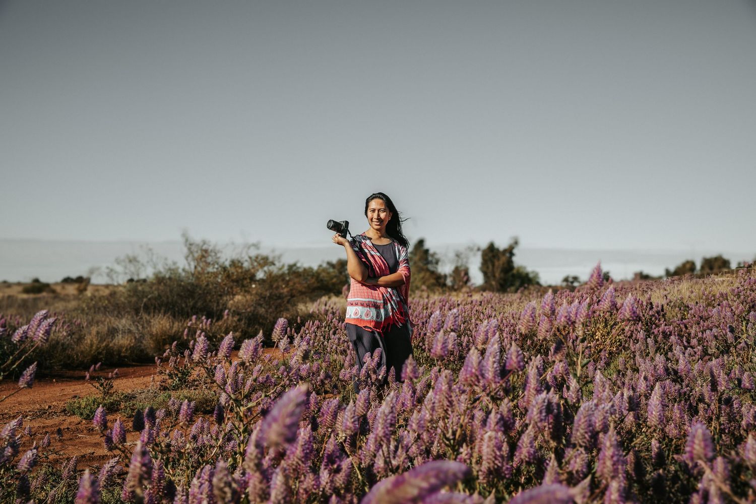 A person standing joyfully among purple wildflowers in a desert landscape.