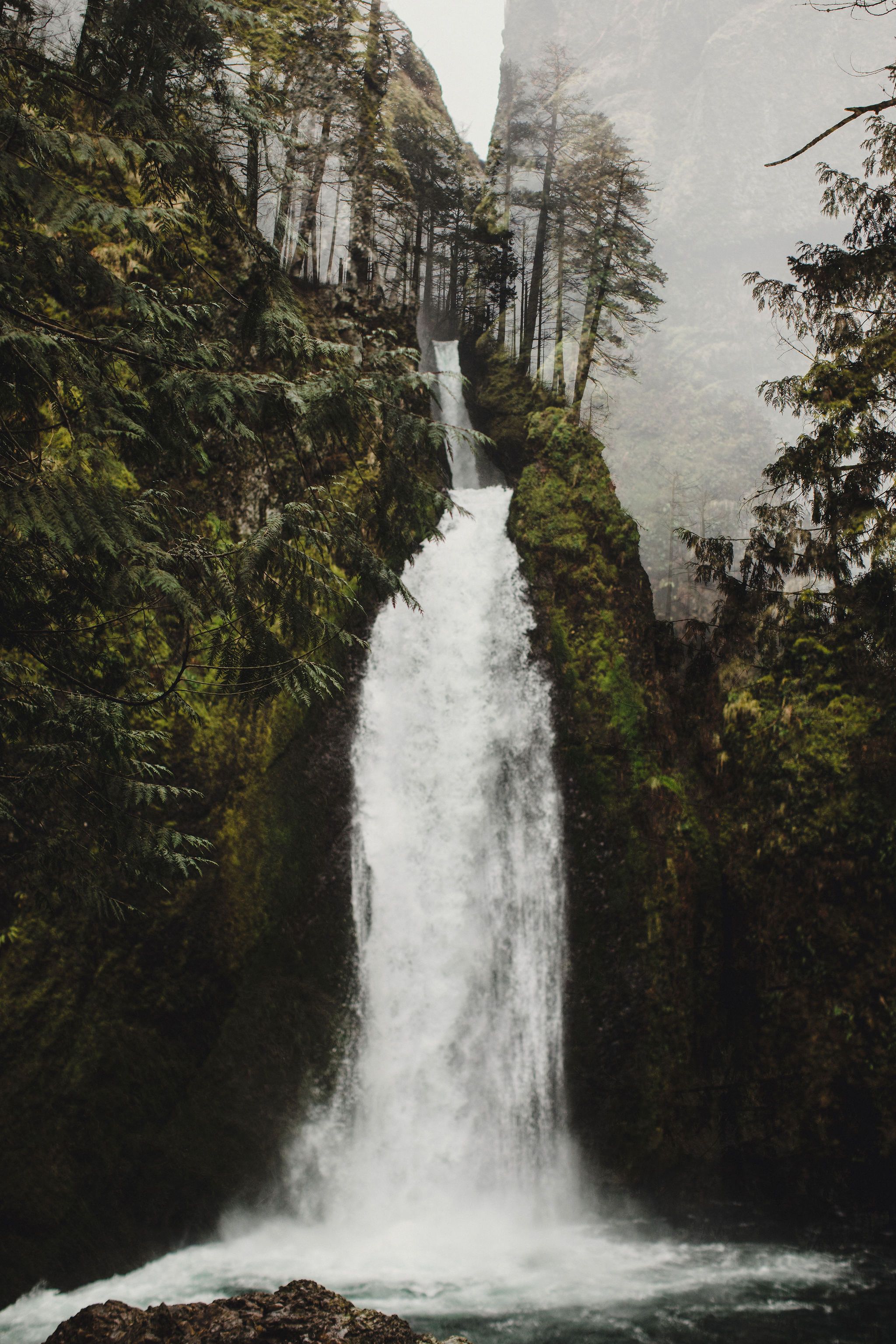 Majestic waterfall cascading down moss-covered rocky cliffs surrounded by lush green forest in misty conditions.