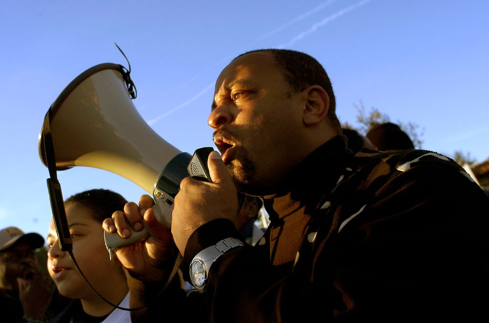 A pastor against racial injustice speaking outside the Santa Clarita, Calif., courtroom circa 2003 during a Michael Jackson trial.
