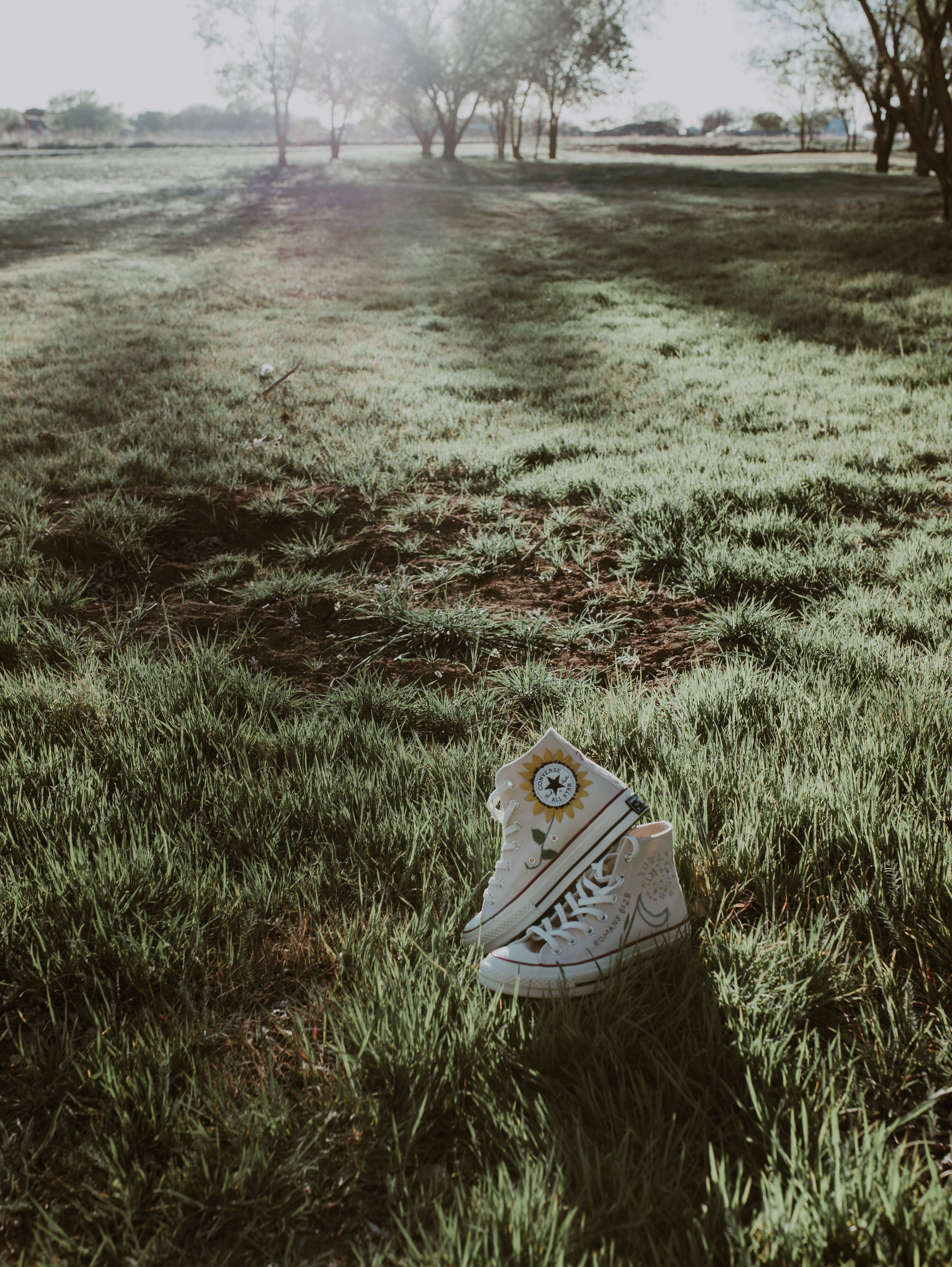 White high-top Converse sneaker with colorful embroidery sits in green grass field at golden hour.