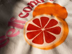 Close-up of fabric print featuring a sliced grapefruit with pink and orange typography detail.