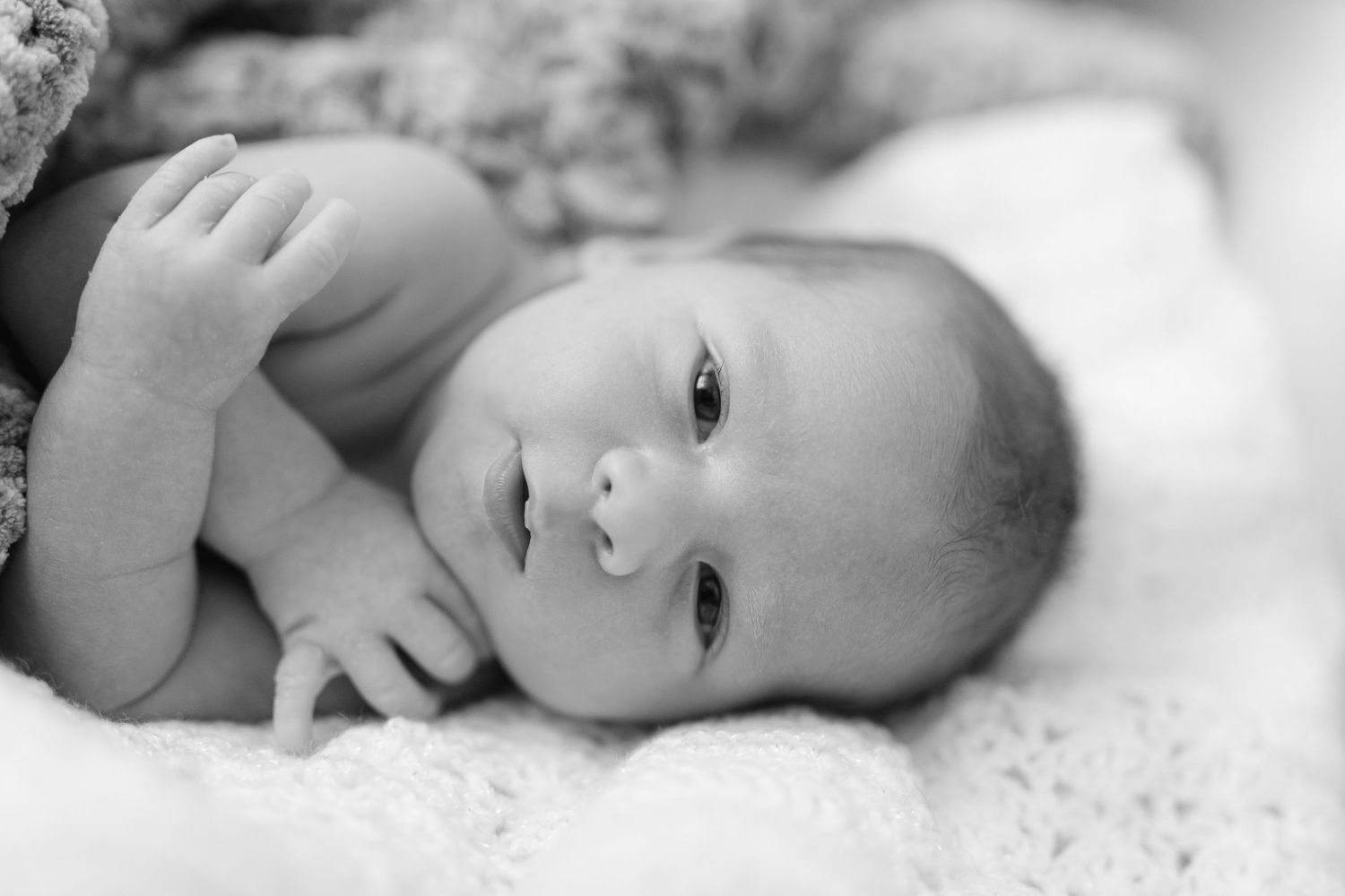 Adorable newborn baby lying on soft blanket in black and white portrait photo.