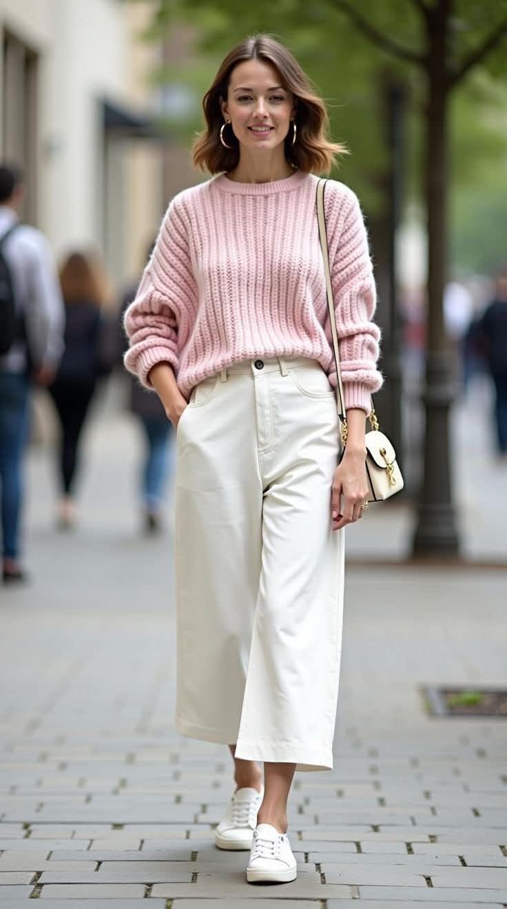 Woman in pink chunky knit sweater and white wide-leg pants walks city street wearing white sneakers and carrying small bag.