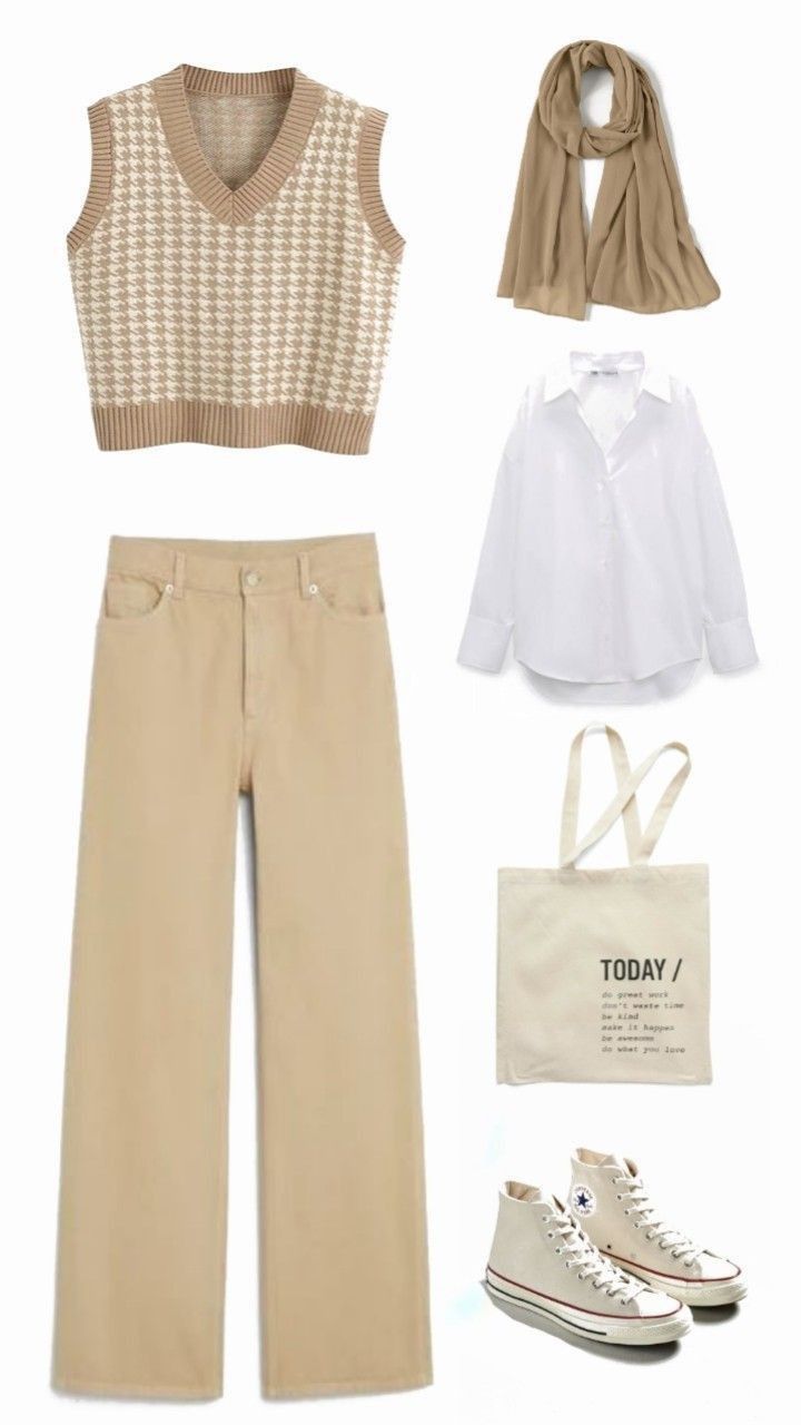 Beige outfit flat lay with houndstooth vest, wide-leg pants, white shirt, scarf, tote bag, and Converse.