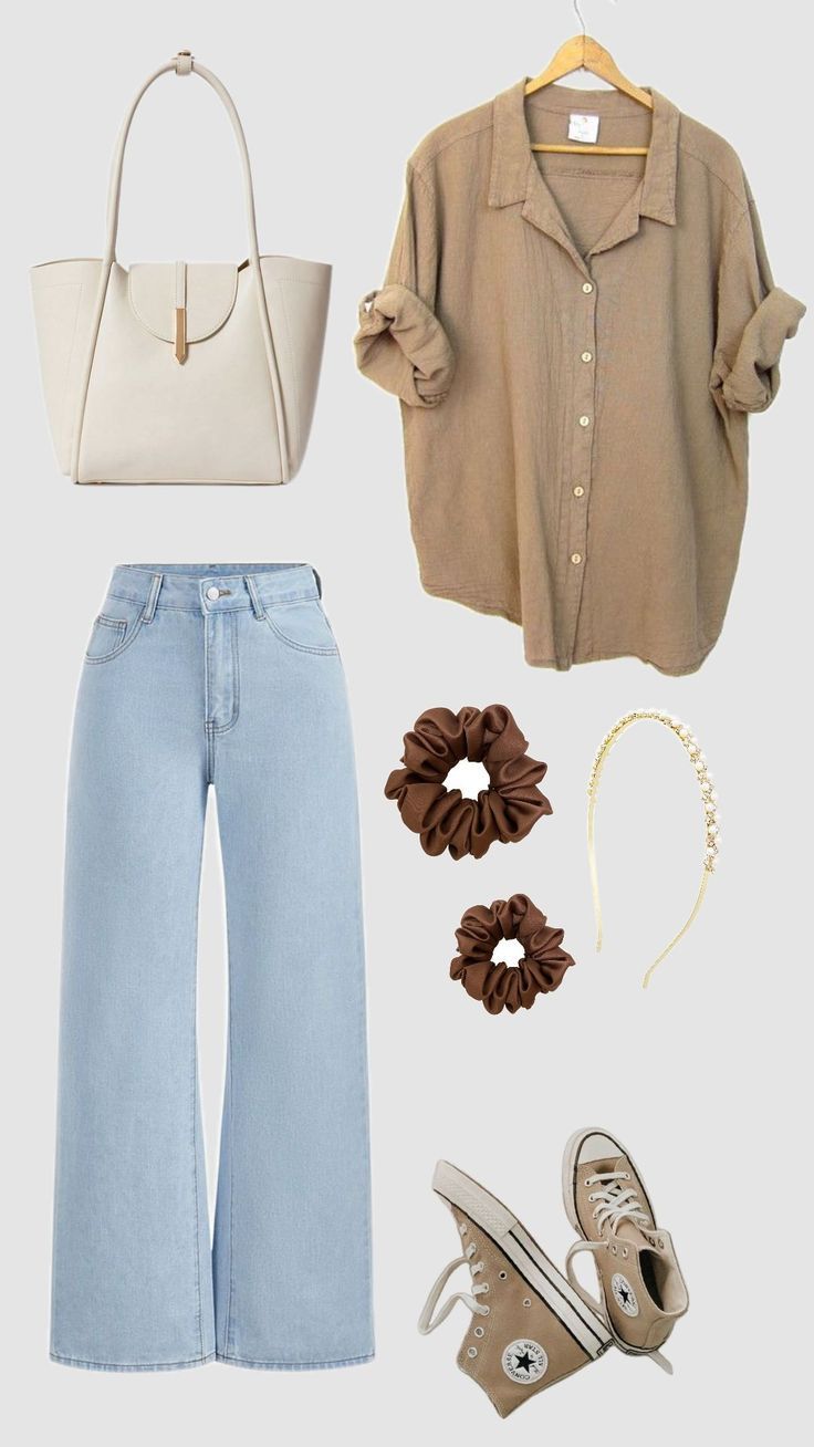 Casual outfit flat lay with beige linen shirt, light wash wide-leg jeans, cream tote bag, tan Converse, brown scrunchies, and pearl headband