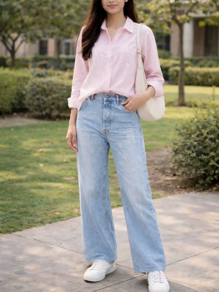 Woman wearing a pink button-up shirt, light wash wide-leg jeans, and white sneakers, carrying a cream tote bag.