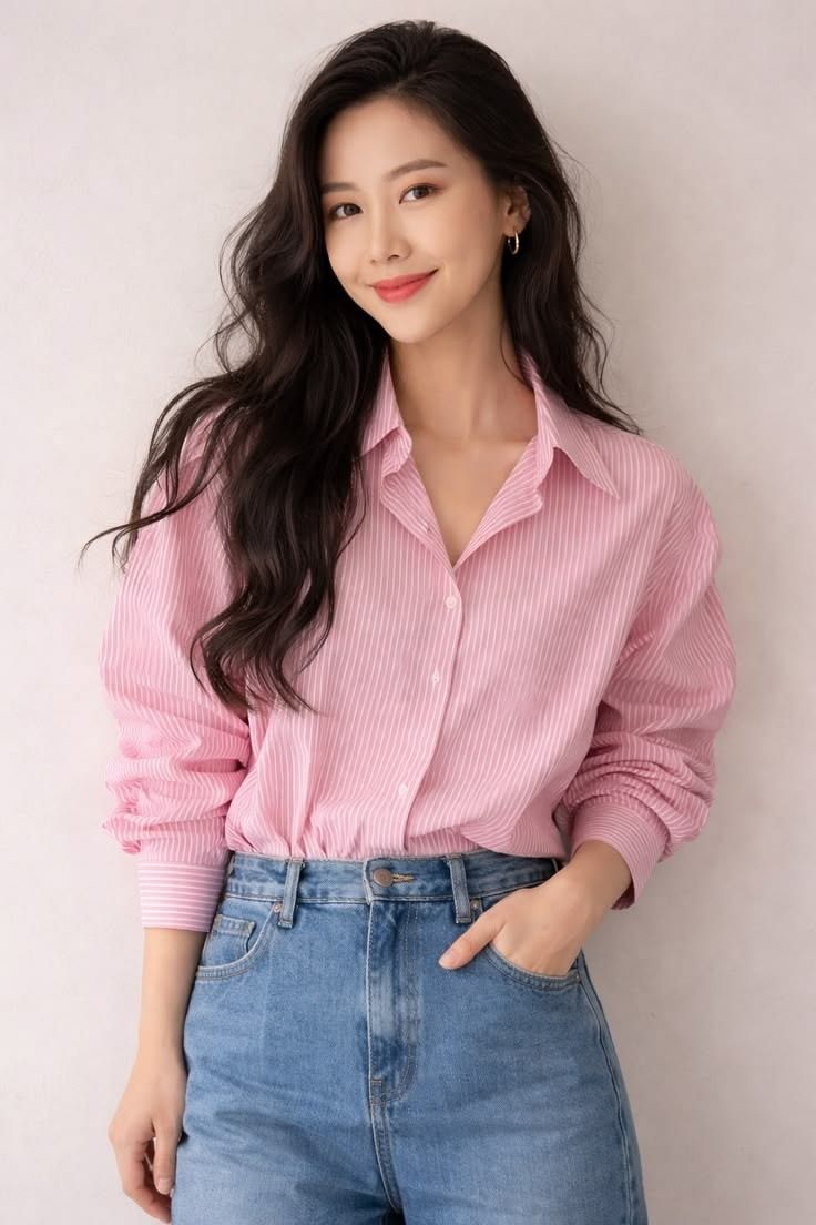 Young woman in pink striped button-up shirt and high-waist jeans, smiling confidently against a light background.