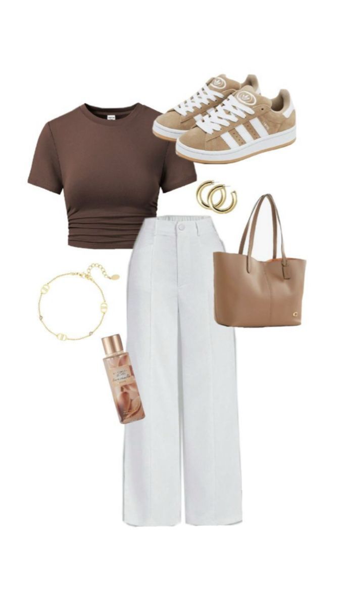 Brown crop top, white wide-leg pants, tan Adidas sneakers, gold jewelry, tan tote bag, and body mist outfit flat lay.