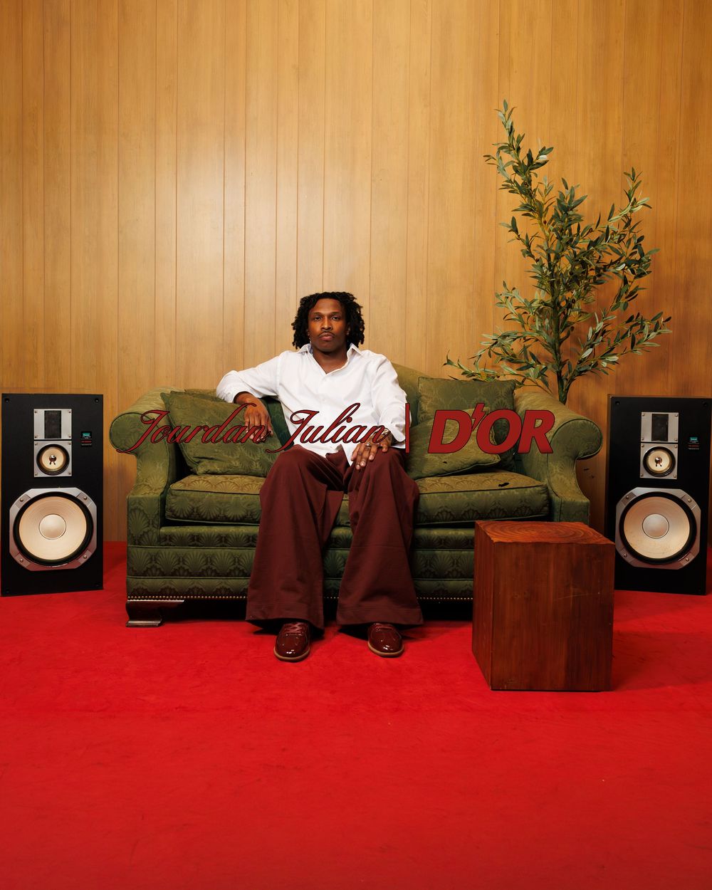 Man sitting on green sofa flanked by speakers on red carpet with wood panel wall and plant behind him.