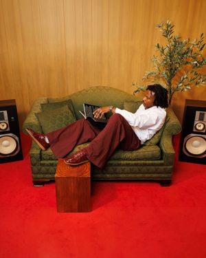 Person relaxing on green sofa with laptop, flanked by speakers, red carpet, wood panel wall, indoor plant.