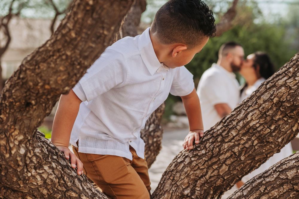 A young boy in a white shirt and tan pants climbs a tree outdoors while adults stand in the background.