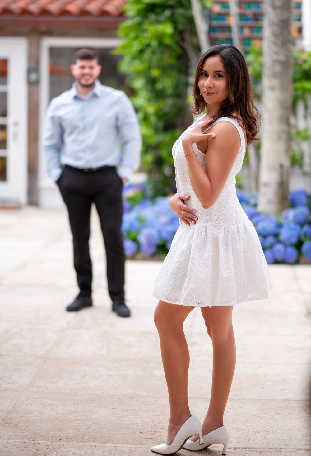 Couple laughing together during engagement session in Palm Beach Florida