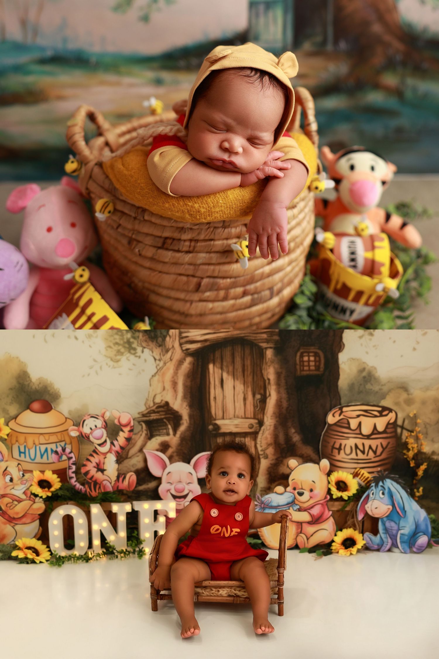 Two sleeping newborns nestled together in a rustic wooden basket with lace bedding and delicate floral decorations.