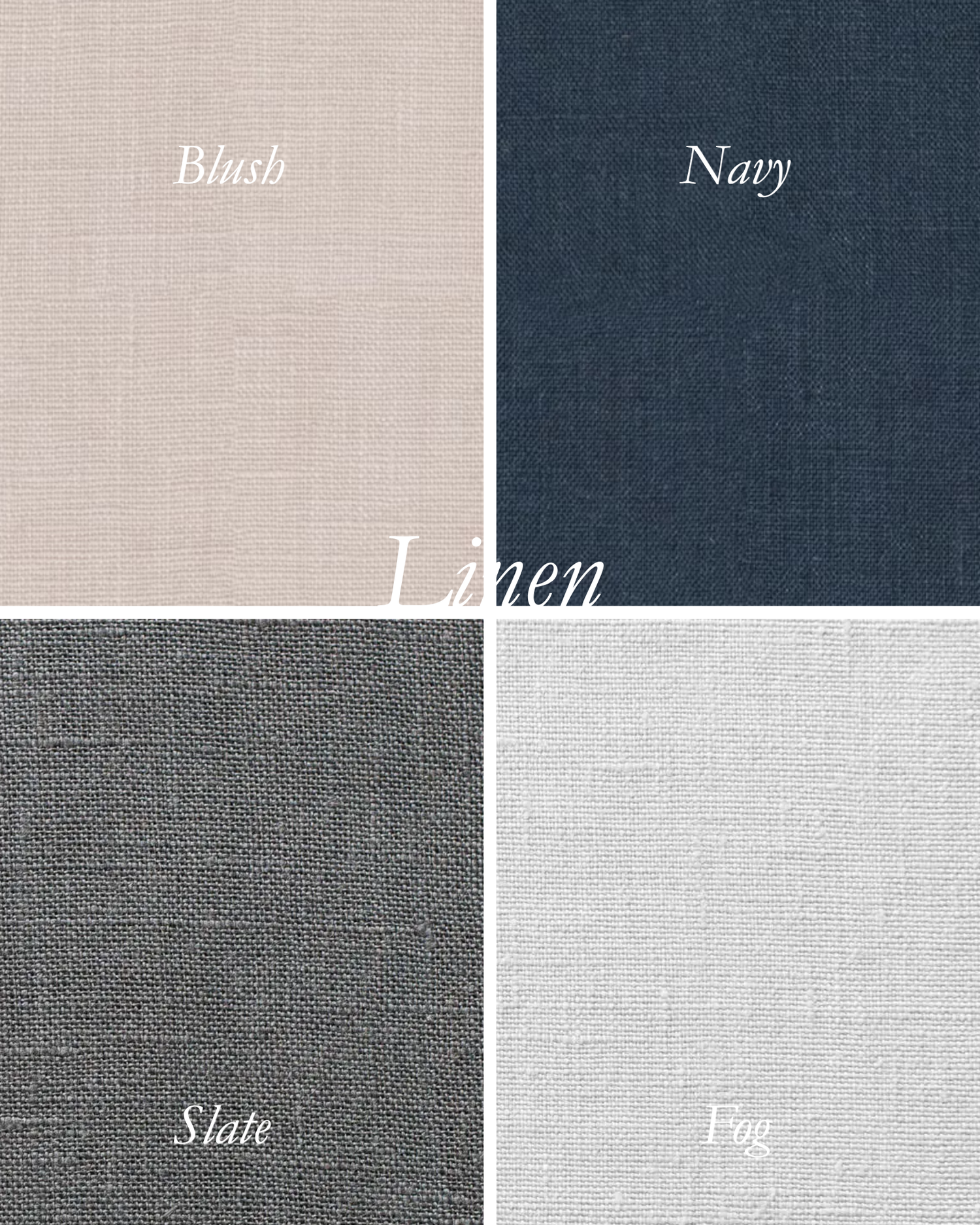 Fabric swatch collection featuring Sage, Misty Blue, Pewter Silk, and Chrome Cream textile color options.