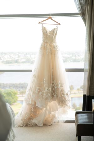 Strapless champagne floral lace A-line wedding dress hanging by a window with city views.