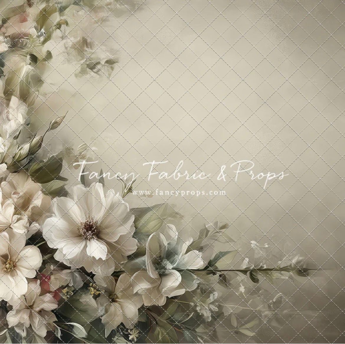Elegant floral photography backdrop featuring soft white blooms and green leaves on a muted beige diamond-patterned background.