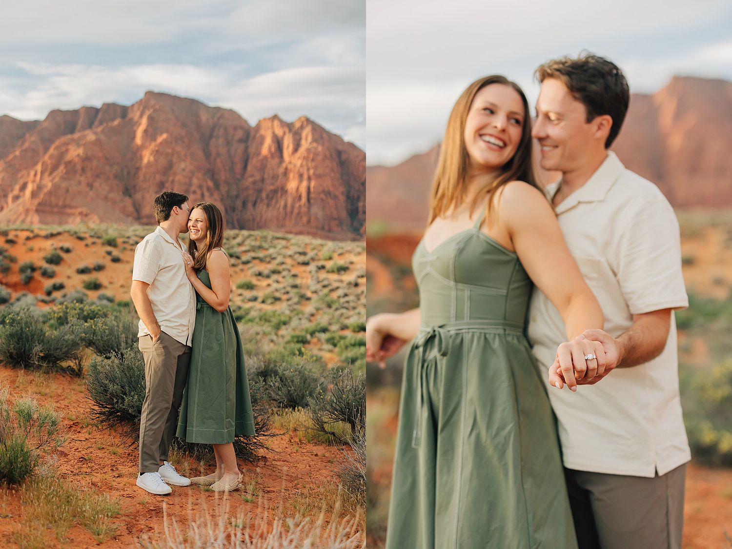 Couple embracing in red rock desert landscape with sage brush and dramatic cliffs in background.