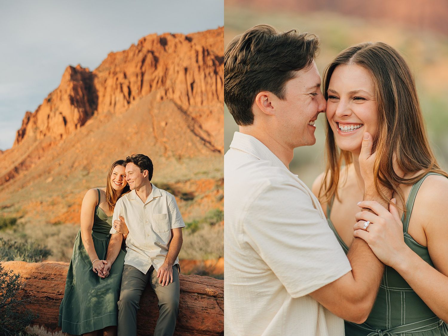 Couple poses romantically in front of red rock formations during golden hour engagement photos in the desert.