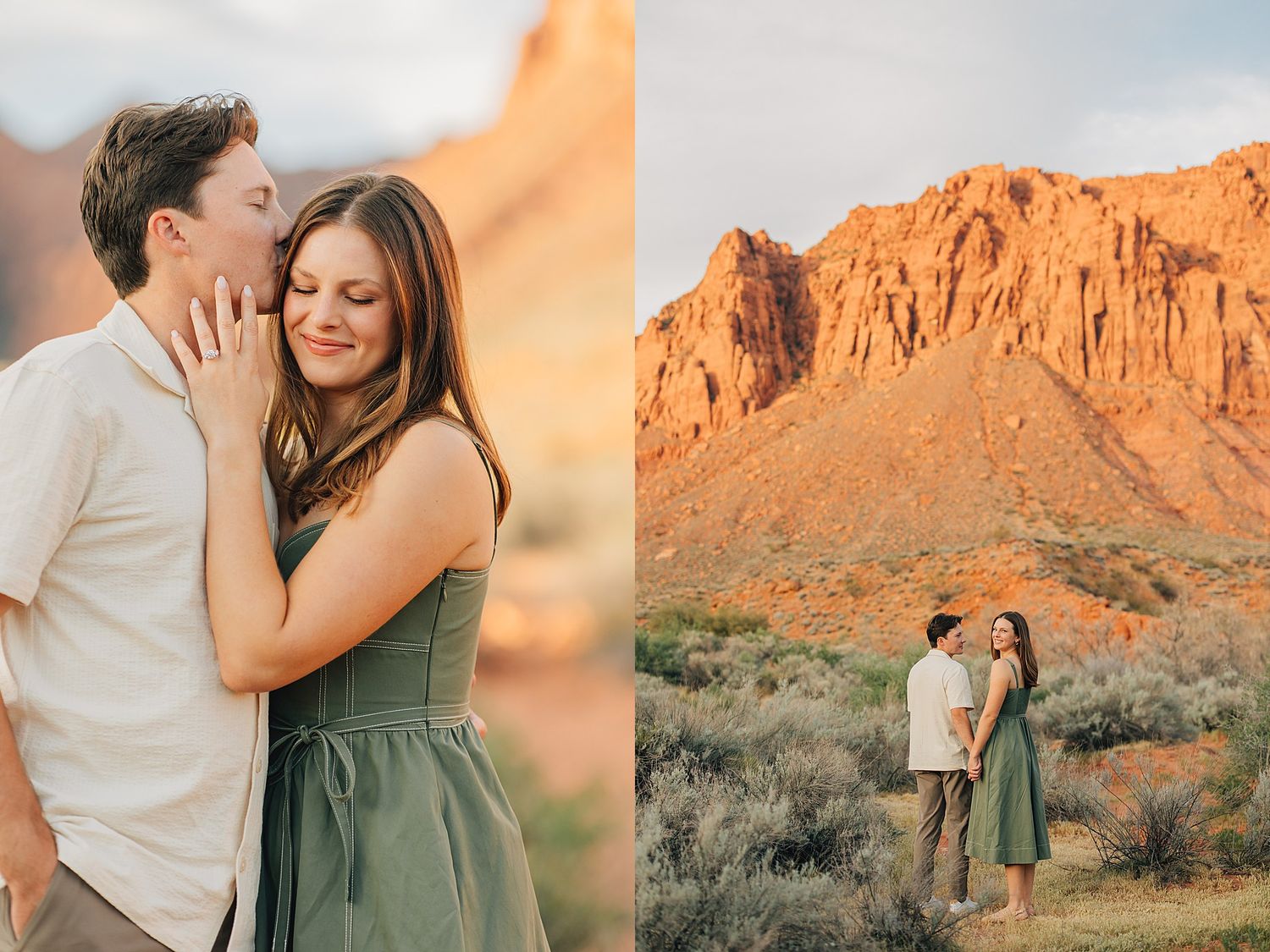 Couple embracing at golden hour near red rock formations in a desert landscape, woman in green dress smiling softly.