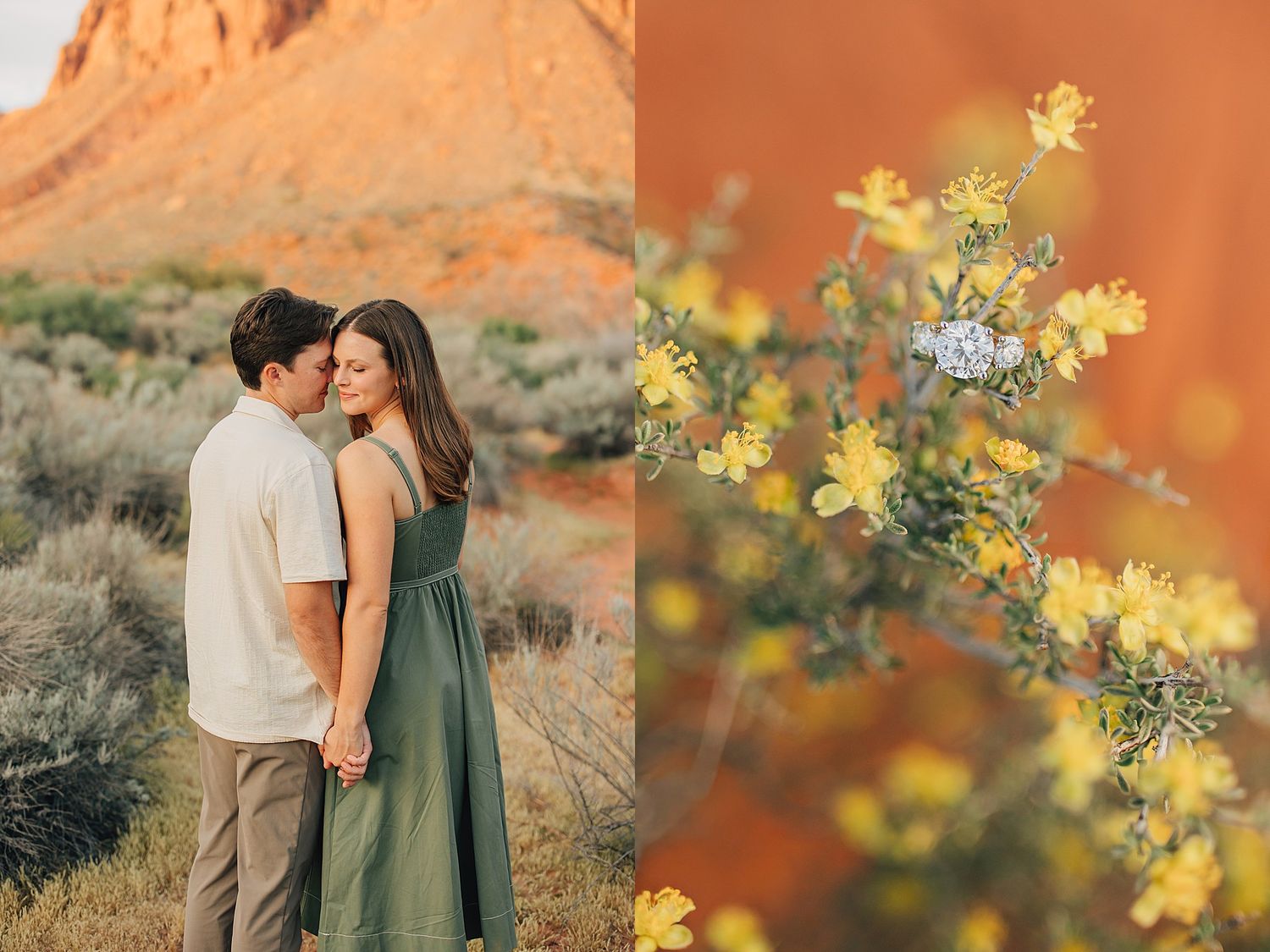 Couple holding hands in desert landscape with mountains and sagebrush, wearing neutral tones in warm sunlight.
