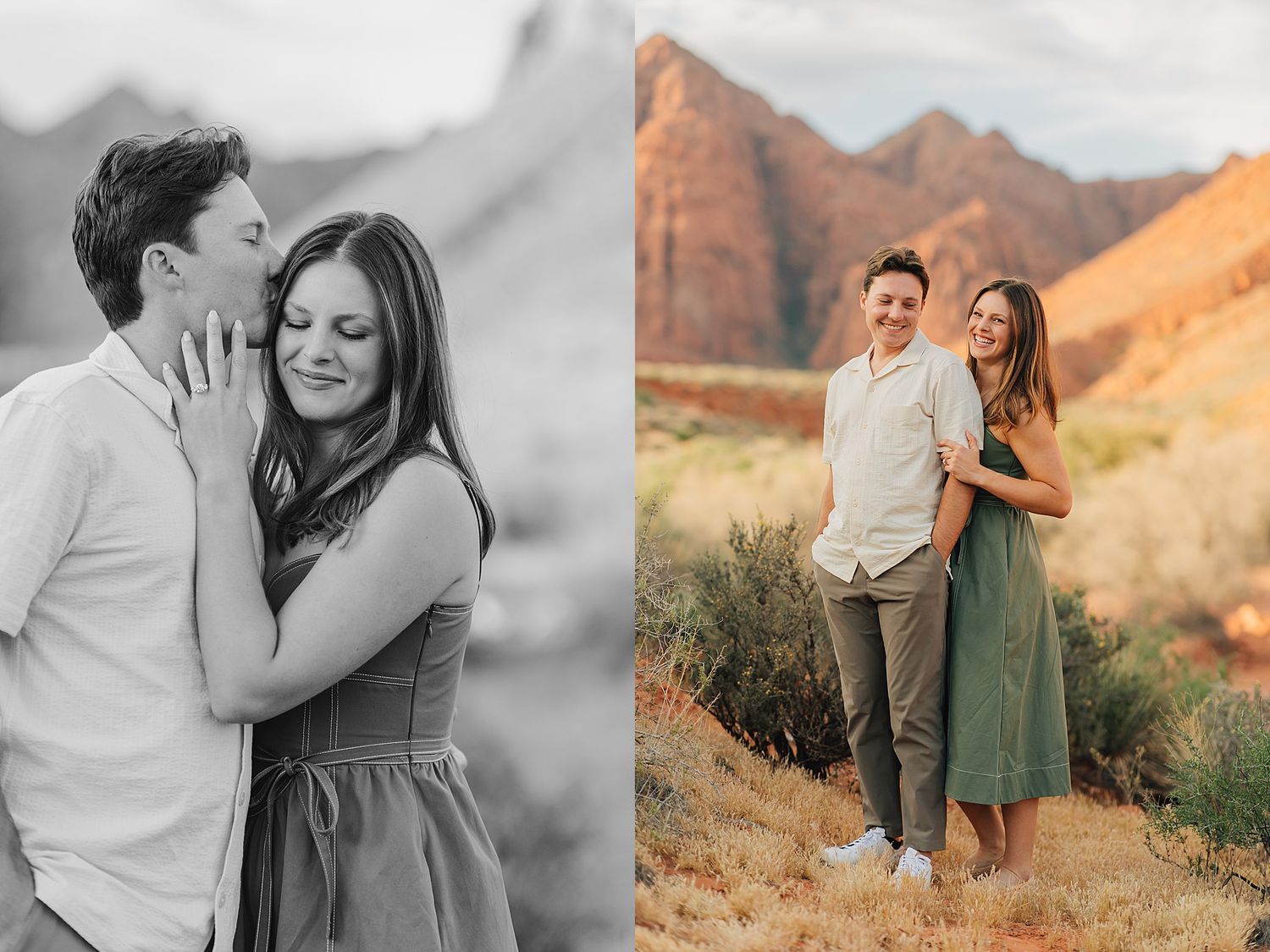 Romantic couple embracing in desert landscape, black-and-white and color photos with red rock mountains backdrop.