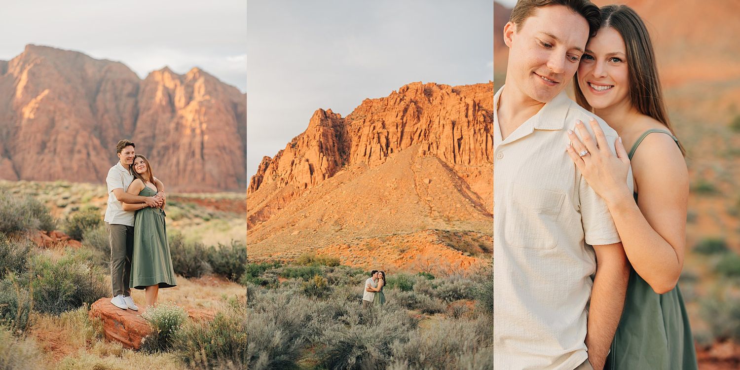Engagement photo collage of smiling couple posing among red rock desert scenery at golden hour.