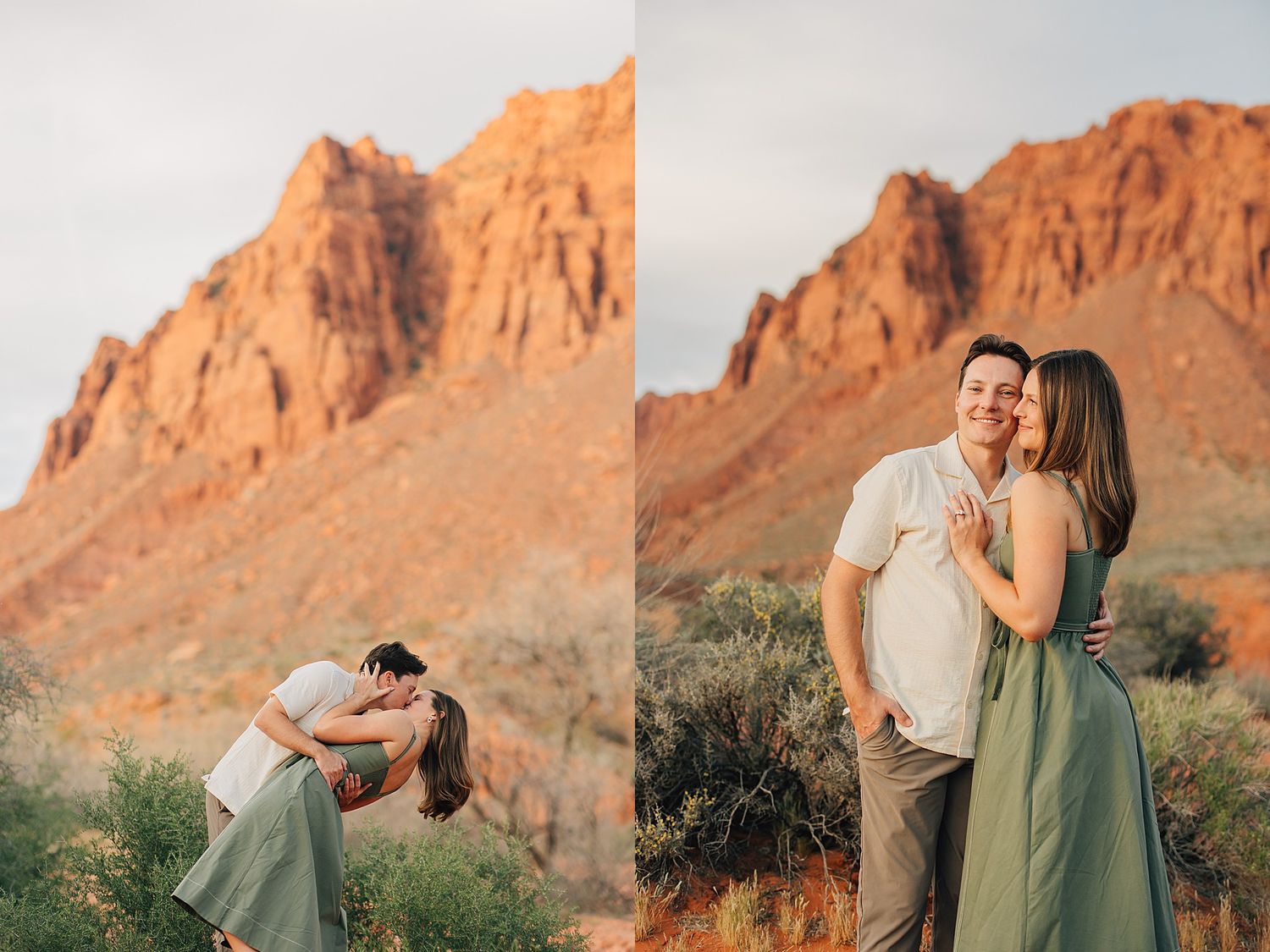 Couple embracing at sunset with red rock formations in the background during a desert engagement photo session.
