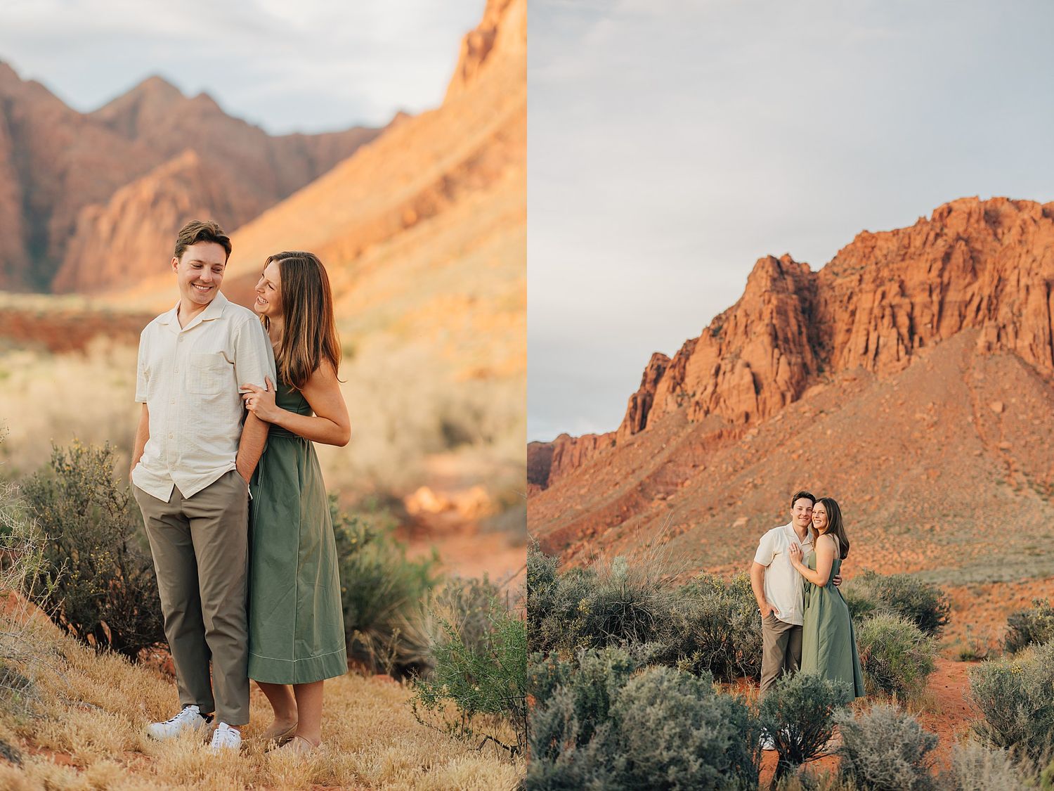 Couple embracing in red rock desert landscape with sage brush and dramatic sandstone cliffs at golden hour.